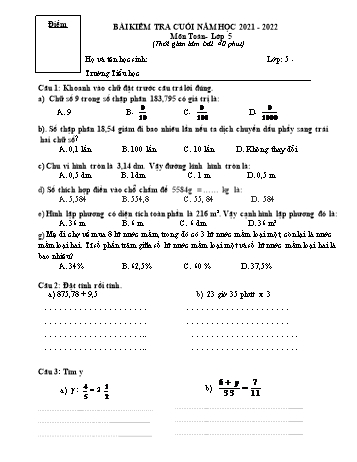 Bài kiểm tra cuối năm môn Toán Lớp 5 - Năm học 2021-2022 - Trường Tiểu học Mỹ Lộc (Có đáp án)