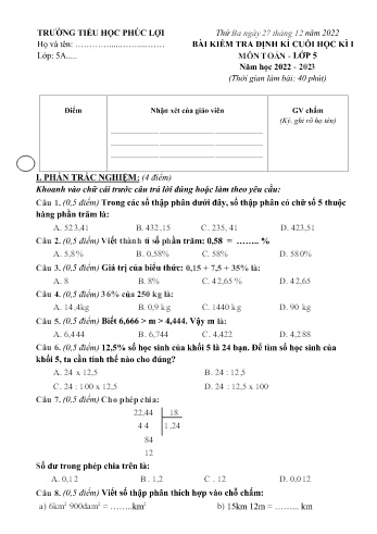 Bài kiểm tra định kì cuối học kì I môn Toán Lớp 5 - Năm học 2022-2023 - Trường Tiểu học Phúc Lợi