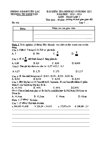 Bài kiểm tra định kì cuối học kì I môn Toán Lớp 5 - Năm học 2023-2024 - Trường Tiểu học Minh Tân (Có đáp án)