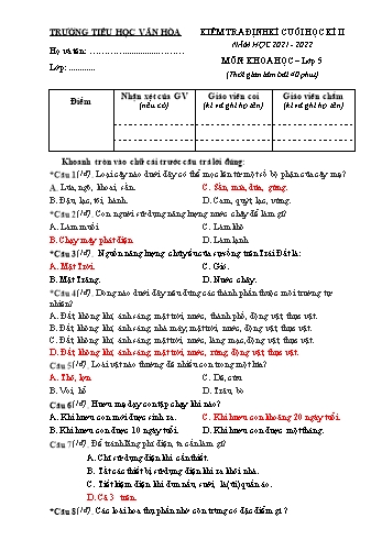 Bài kiểm tra định kì cuối học kì II môn Khoa học Lớp 5 - Năm học 2021-2022 - Trường Tiểu học Vân Hòa (Có đáp án)