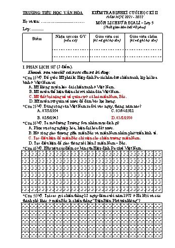 Bài kiểm tra định kì cuối học kì II môn Lịch sử & Địa lí Lớp 5 - Năm học 2021-2022 - Trường Tiểu học Vân Hòa (Có đáp án)