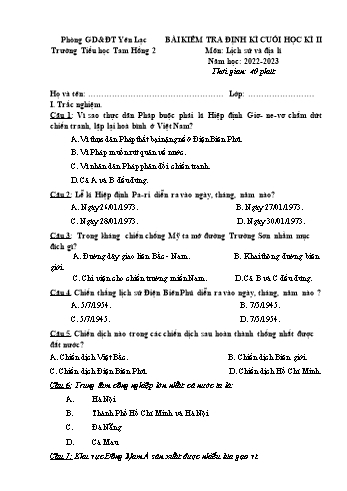 Bài kiểm tra định kì cuối học kì II môn Lịch sử và Địa lí Lớp 5 - Năm học 2022-2023 - Trường Tiểu học Tam Hồng 2