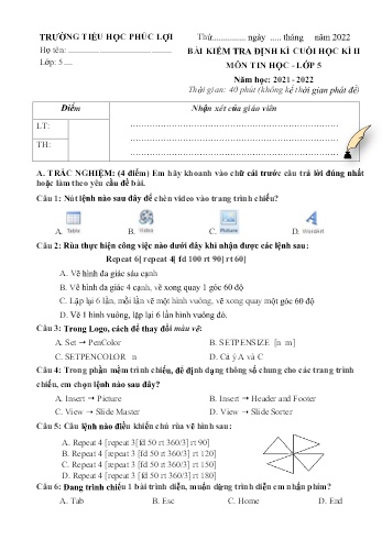 Bài kiểm tra định kì cuối học kì II môn Tin học Lớp 5 - Năm học 2021-2022 - Trường Tiểu học Phúc Lợi