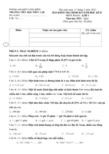 Bài kiểm tra định kì cuối học kì II môn Toán Lớp 5 - Năm học 2021-2022 - Trường Tiểu học Phúc Lợi