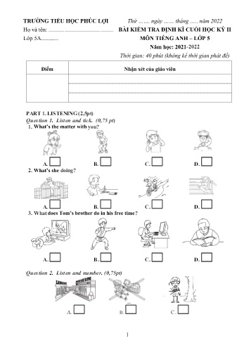 Bài kiểm tra định kì cuối học kỳ II môn Tiếng Anh Lớp 5 - Năm học 2021-2022 - Trường Tiểu học Phúc Lợi