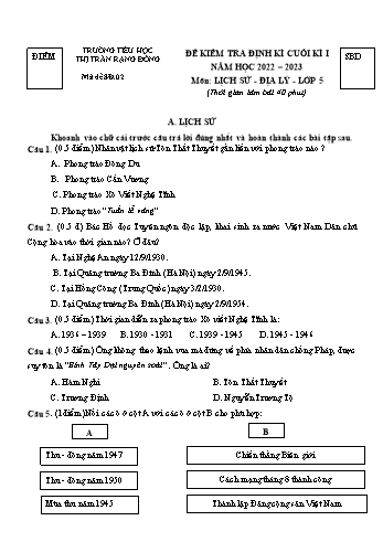 Bài kiểm tra định kì cuối kì I môn Lịch sử và Địa lý Lớp 5 - Năm học 2022-2023 - Trường Tiểu học Thị trấn Rạng Đông - Đề 2