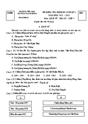 Bài kiểm tra định kì cuối kì I môn Lịch sử và Địa lý Lớp 5 - Năm học 2022-2023 - Trường Tiểu học Thị trấn Rạng Đông - Đề 4