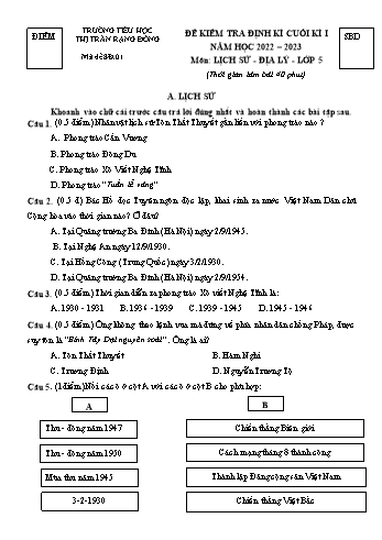 Bài kiểm tra định kì cuối kì I môn Lịch sử và Địa lý Lớp 5 - Năm học 2022-2023 - Trường Tiểu học Thị trấn Rạng Đông - Đề 1