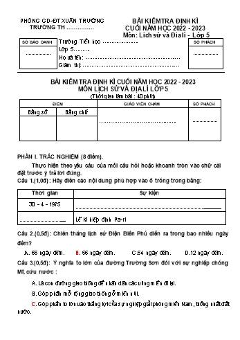 Bài kiểm tra định kì cuối năm môn Lịch sử và Địa lí Lớp 5 - Năm học 2022-2023 - Trường Tiểu học Xuân Trường (Có đáp án)