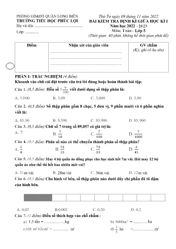 Bài kiểm tra định kì giữa học kì I môn Toán Lớp 5 - Năm học 2022-2023 - Trường Tiểu học Phúc Lợi