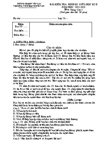 Bài kiểm tra định kì giữa học kì II môn Tiếng Việt Lớp 5 - Năm học 2022-2023 - Trường Tiểu học Minh Tân (Có đáp án)