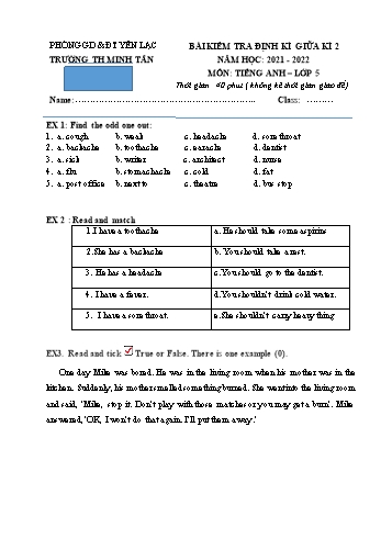 Bài kiểm tra định kì giữa kì 2 môn Tiếng Anh Lớp 5 - Năm học 2021-2022 - Trường Tiểu học Minh Tân