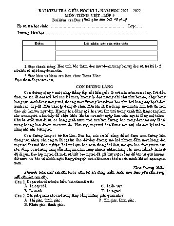 Bài kiểm tra giữa học kì I môn Tiếng Việt Lớp 5 - Năm học 2021-2022 (Có đáp án)