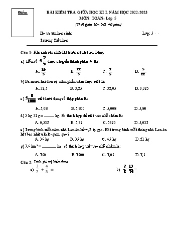 Bài kiểm tra giữa học kì I môn Toán Lớp 5 - Năm học 2022-2023 (Có đáp án)