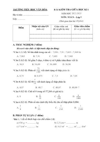 Bài kiểm tra giữa học kì I môn Toán, Tiếng Việt Lớp 5 - Năm học 2022-2023 - Trường Tiểu học Vân Hòa