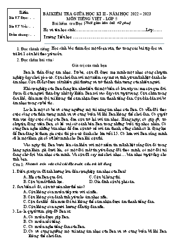 Bài kiểm tra giữa học kì II môn Tiếng Việt Lớp 5 - Năm học 2022-2023 (Có đáp án)
