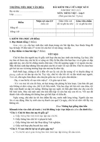 Bài kiểm tra giữa học kì II môn Tiếng Việt Lớp 5 - Năm học 2022-2023 - Trường Tiểu học Vân Hòa