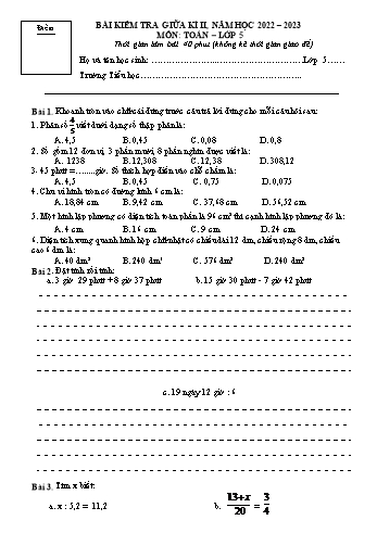 Bài kiểm tra giữa học kì II môn Toán Lớp 5 - Năm học 2022-2023 (Kèm hướng dẫn chấm)
