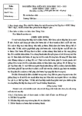 Bài kiểm tra giữa kì I môn Tiếng Việt Lớp 5 - Năm học 2022-2023 (Có đáp án)