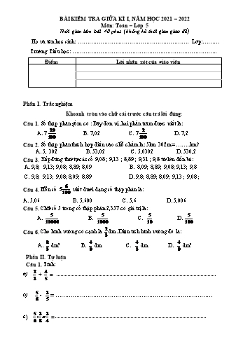 Bài kiểm tra giữa kì I môn Toán Lớp 5 - Năm học 2021-2022 (Có đáp án)