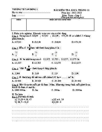 Bài kiểm tra khảo sát chất lượng tháng 11 môn Toán Lớp 5 - Năm học 2022-2023 - Trường Tiểu học Tam Hồng 2
