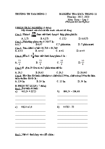 Bài kiểm tra khảo sát chất lượng tháng 11 môn Toán Lớp 5 - Năm học 2022-2023 - Lê Thị Hạnh