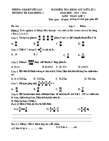 Bài kiểm tra khảo sát giữa kì 1 môn Toán Lớp 5 - Năm học 2023-2024 - Trường Tiểu học Tam Hồng 2
