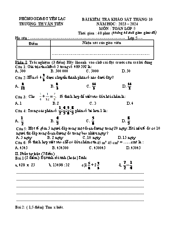 Bài kiểm tra khảo sát tháng 10 môn Toán Lớp 5 - Năm học 2023-2024 - Trường Tiểu học Văn Tiến (Có đáp án)