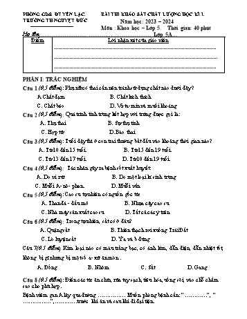 Bài thi khảo sát chất lượng học kì I môn Khoa học Lớp 5 - Năm học 2023-2024 - Trường Tiểu học Nguyệt Đức