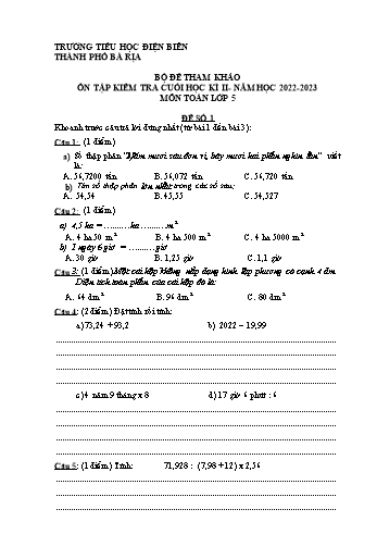 Bộ đề tham khảo, ôn tập kiểm tra cuối học kì II môn Toán, Tiếng Việt Lớp 5 - Năm học 2022-2023 - Trường Tiểu học Điện Biên