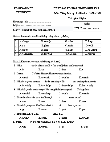 Đề khảo sát chất lượng giữa kỳ I môn Tiếng Anh Lớp 5 - Năm học 2021-2022 (Có đáp án)