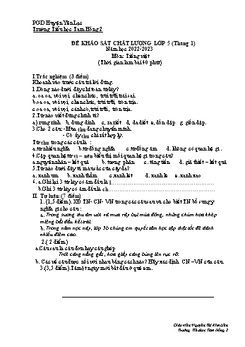 Đề khảo sát chất lượng tháng 1 môn Tiếng Việt, Toán Lớp 5 - Năm học 2022-2023 - Nguyễn Thị Kim Liên (Có đáp án)