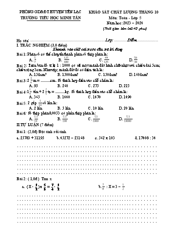 Đề khảo sát chất lượng tháng 10 môn Toán Lớp 5 - Năm học 2023-2024 - Trường Tiểu học Minh Tân (Có đáp án)
