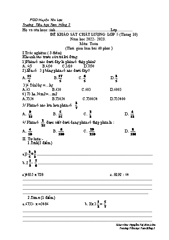 Đề khảo sát chất lượng tháng 10 môn Toán, Tiếng Việt Lớp 5 - Năm học 2022-2023 - Trường Tiểu học Tam Hồng 2 (Có đáp án)