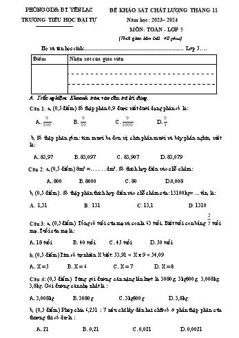 Đề khảo sát chất lượng tháng 11 môn Toán Lớp 5 - Năm học 2023-2024 - Trường Tiểu học Đại Tự