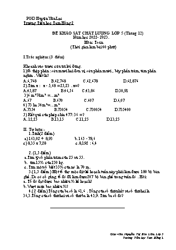 Đề khảo sát chất lượng tháng 12 môn Toán, Tiếng Việt Lớp 5 - Năm học 2022-2023 - Nguyễn Thị Kim Liên (Có đáp án)