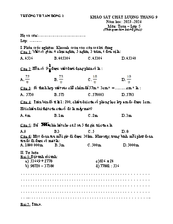 Đề khảo sát chất lượng tháng 9 môn Toán Lớp 5 - Năm học 2023-2024 - Trường Tiểu học Tam Hồng 2