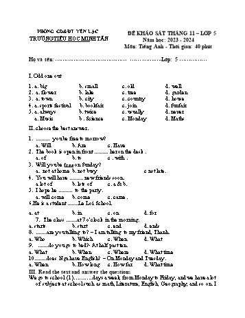 Đề khảo sát tháng 11 môn Tiếng Anh Lớp 5 - Năm học 2023-2024 - Trường Tiểu học Minh Tân - Đề 2