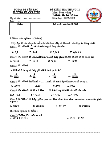 Đề khảo sát tháng 11 môn Toán Lớp 5 - Năm học 2022-2023 - Trường Tiểu học Văn Tiến (Có đáp án)