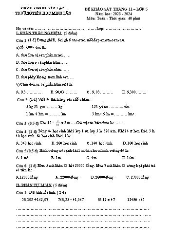 Đề khảo sát tháng 11 môn Toán Lớp 5 - Năm học 2023-2024 - Trường Tiểu học Minh Tân