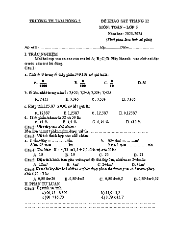 Đề khảo sát tháng 12 môn Toán Lớp 5 - Năm học 2023-2024 - Trường Tiểu học Tam Hồng 2