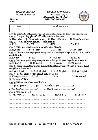 Đề khảo sát tháng 4 môn Toán Lớp 5 - Năm học 2022-2023 - Trường Tiểu học Văn Tiến