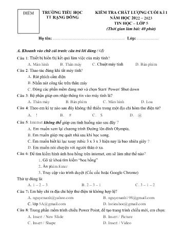 Đề kiểm tra chất lượng cuối kì I môn Tin học Lớp 5 - Năm học 2022-2023 - Trường Tiểu học Rạng Đông (Có đáp án)