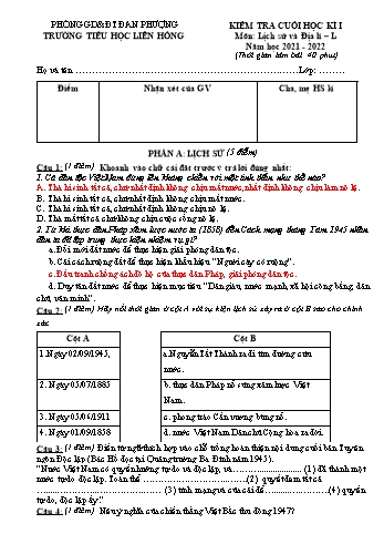 Đề kiểm tra cuối học kì I môn Lịch sử & Địa lí Lớp 5 - Năm học 2021-2022 - Trường Tiểu học Liên Hồng (Có đáp án)