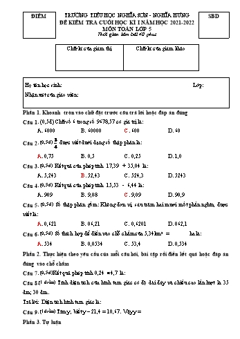 Đề kiểm tra cuối học kì I môn Toán Lớp 5 - Năm học 2021-2022 - Trường Tiểu học Nghĩa Sơn (Có đáp án)
