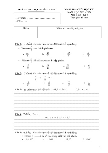 Đề kiểm tra cuối học kì I môn Toán Lớp 5 - Năm học 2023-2024 - Trường Tiểu học Nghĩa Thành (Có đáp án)