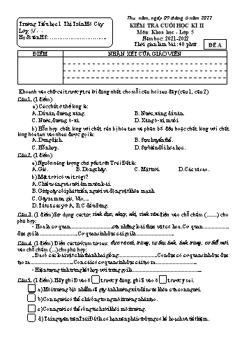 Đề kiểm tra cuối học kì II môn Khoa học Lớp 5 - Năm học 2021-2022 - Trường Tiểu học 1 Thị Trấn Mỏ Cày (Có đáp án)