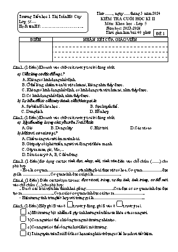 Đề kiểm tra cuối học kì II môn Khoa học Lớp 5 - Năm học 2023-2024 - Trường Tiểu học 1 Thị Trấn Mỏ Cày - Đề số 1 (Có đáp án)