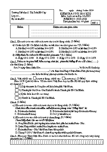 Đề kiểm tra cuối học kì II môn Lịch sử và Địa lí Lớp 5 - Năm học 2023-2024 - Trường Tiểu học 1 Thị Trấn Mỏ Cày (Có đáp án)
