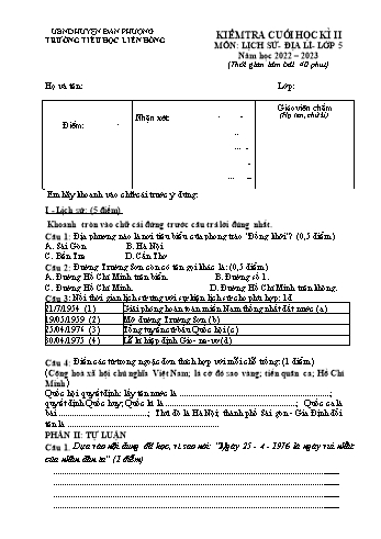 Đề kiểm tra cuối học kì II môn Lịch sử và Địa lí Lớp 5 - Năm học 2022-2023 - Trường Tiểu học Liên Hồng (Có đáp án)